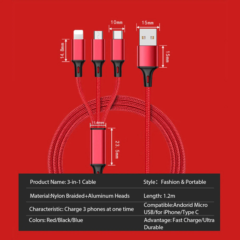 3 In 1 USB Cable For IPhone XS Max XR X 8 7 Charging Charger Micro USB Cable For Android USB TypeC Mobile Phone Cables